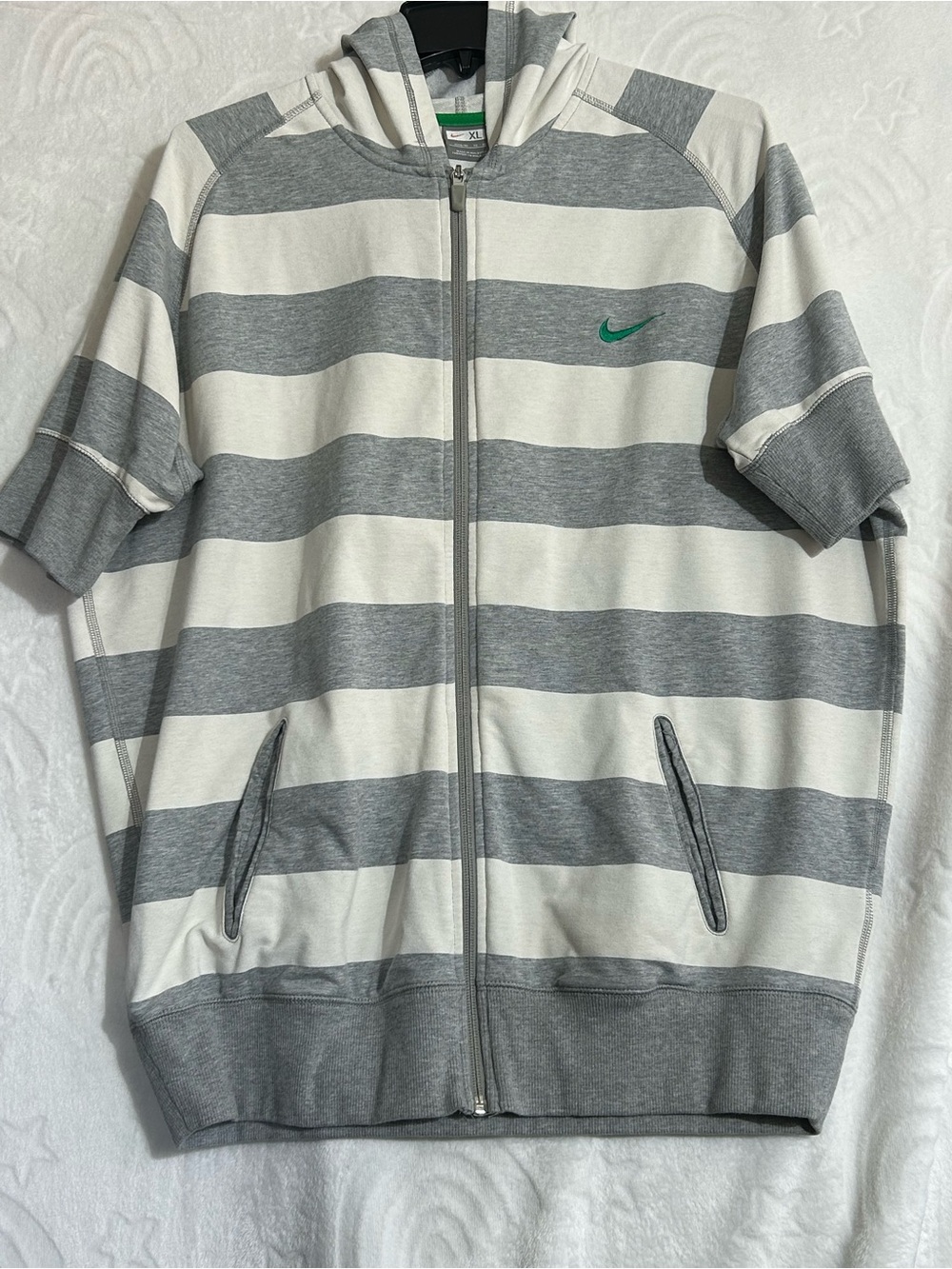 NIKE Short Sleeve Zip Hoodie - White & Gray Stripes with Green Swoosh